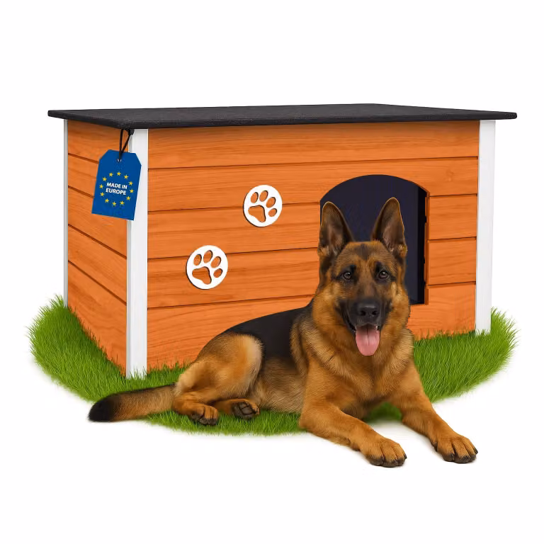 Cuccia per cani Outentin da esterno a prova di inverno per cani di taglia grande - Casetta per cani isolata e resistente alle intemperie con tetto piatto apribile - Legno- 105x71x64 cm - Teak