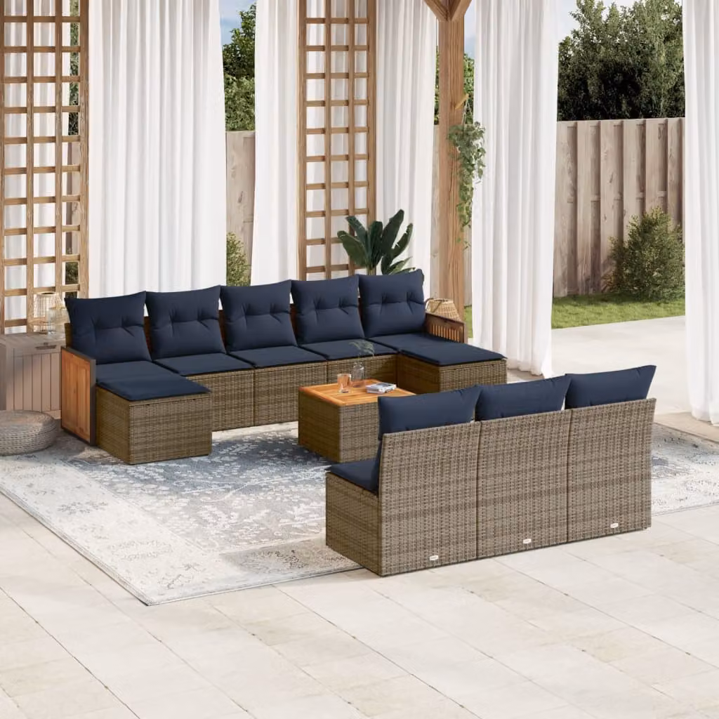 Set di divani da giardino vidaXL a forma di U composto da 11 pezzi in polyrattan grigio con cuscini inclusi e tavolino da caffè