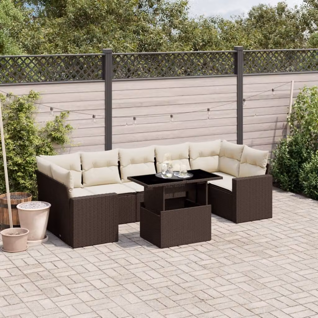 Set di divani da giardino vidaXL in polyrattan marrone con cuscini bianchi e tavolino da esterno 8 pezzi – 1