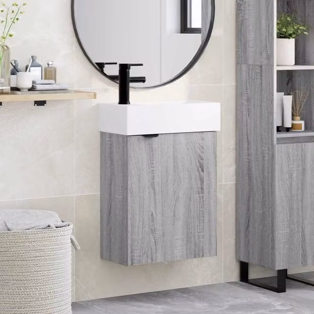Mobile bagno moderno vidaXL Sonoma grigio con lavabo in ceramica bianco, sospeso, L: 45,5 cm, P: 22,5 cm, H: 84 cm – 1