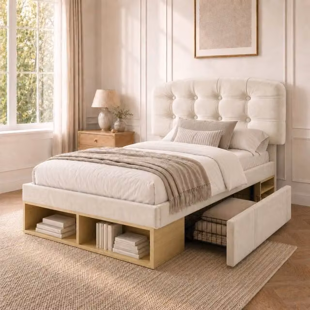 Letto singolo 90x200 in velluto Beige con rete a doghe, testiera curva regolabile in altezza, cassetti e contenitore, per ragazzi, senza materasso