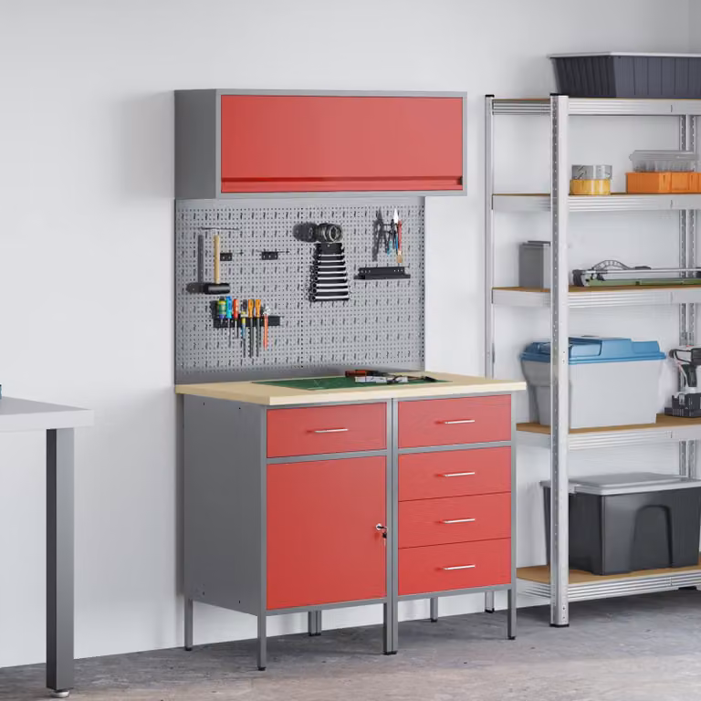 Set di mobili da lavoro vidaXL con cassetto e scaffale, 5 pezzi, Rosso