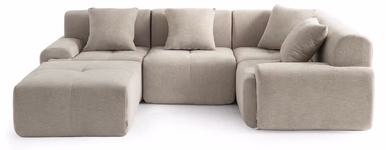 DIVANO ANGOLARE MODULARE MILYSOFA SOFAMOUS, 4 posti, con chaise longue, rivestito in tessuto di ciniglia color sabbia