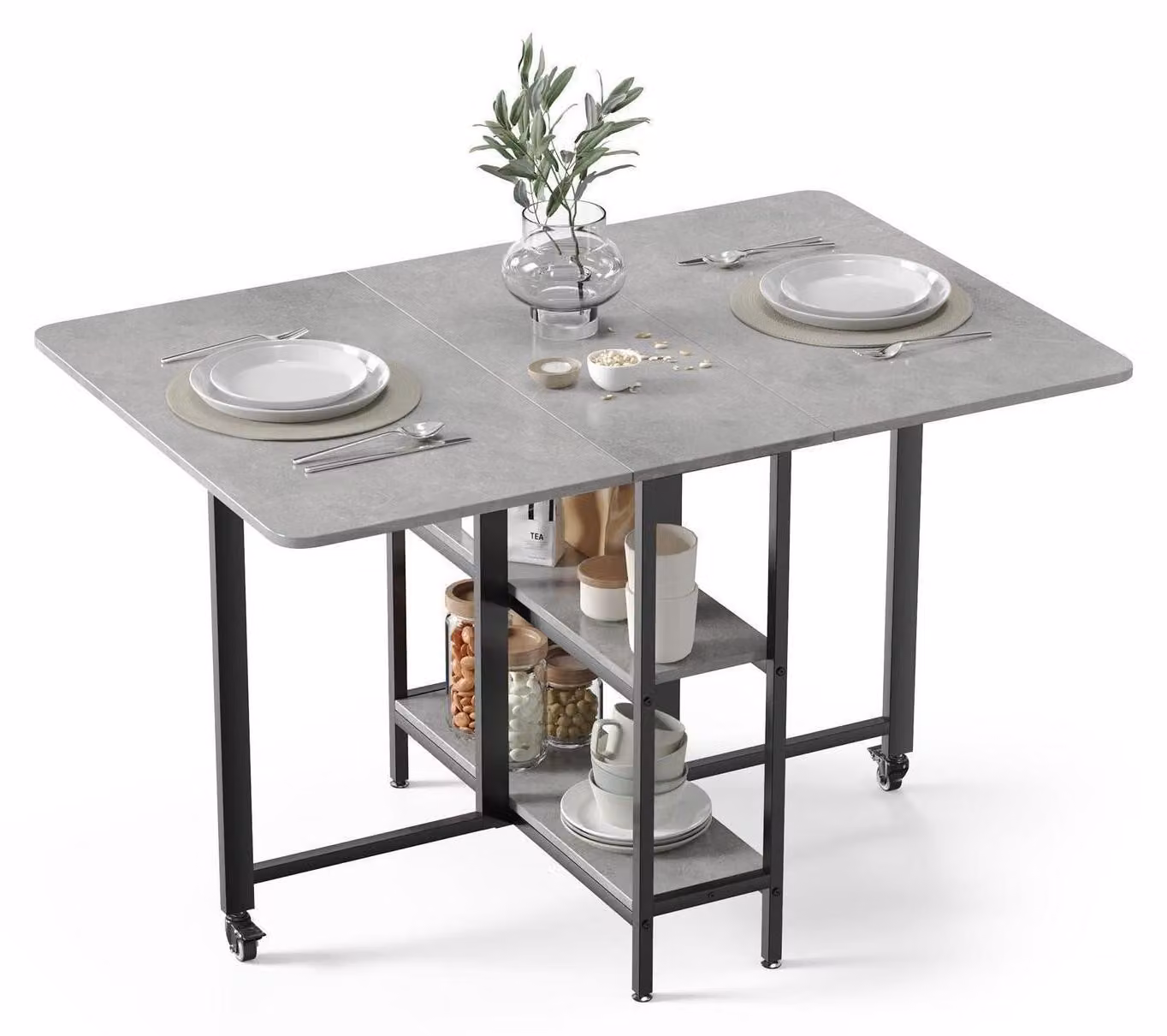 Tavolo pieghevole da pranzo con 2 ripiani, allungabile, grigio, 120 x 80 x 75 cm