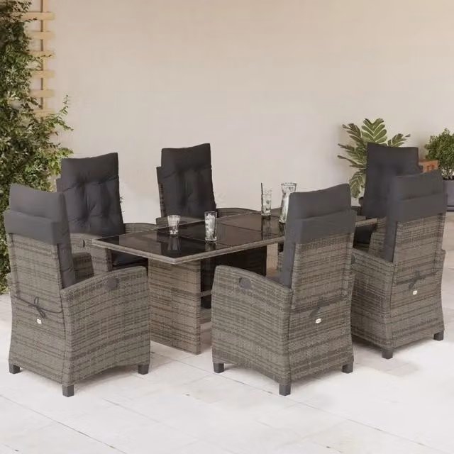 Set da pranzo da giardino vidaXL in polyrattan grigio con cuscini e tavolo in vetro, 7 pezzi