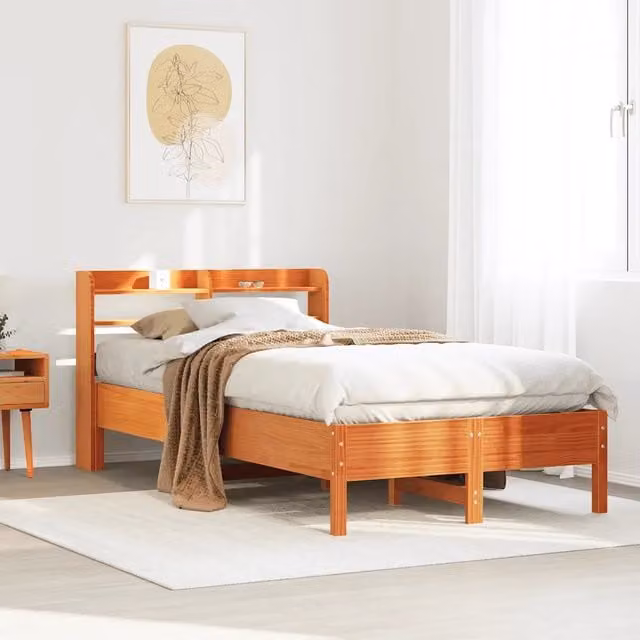 Letto singolo in legno di pino massiccio vidaXL marrone cera con ripiani laterali L 100 x P 200 cm