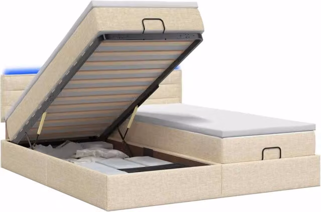 Letto Ottomano con Materasso Ibrido vidaXL in Tessuto Beige e Bianco con Illuminazione LED e Porte USB L/P/H: 200 x 200 x 88 cm