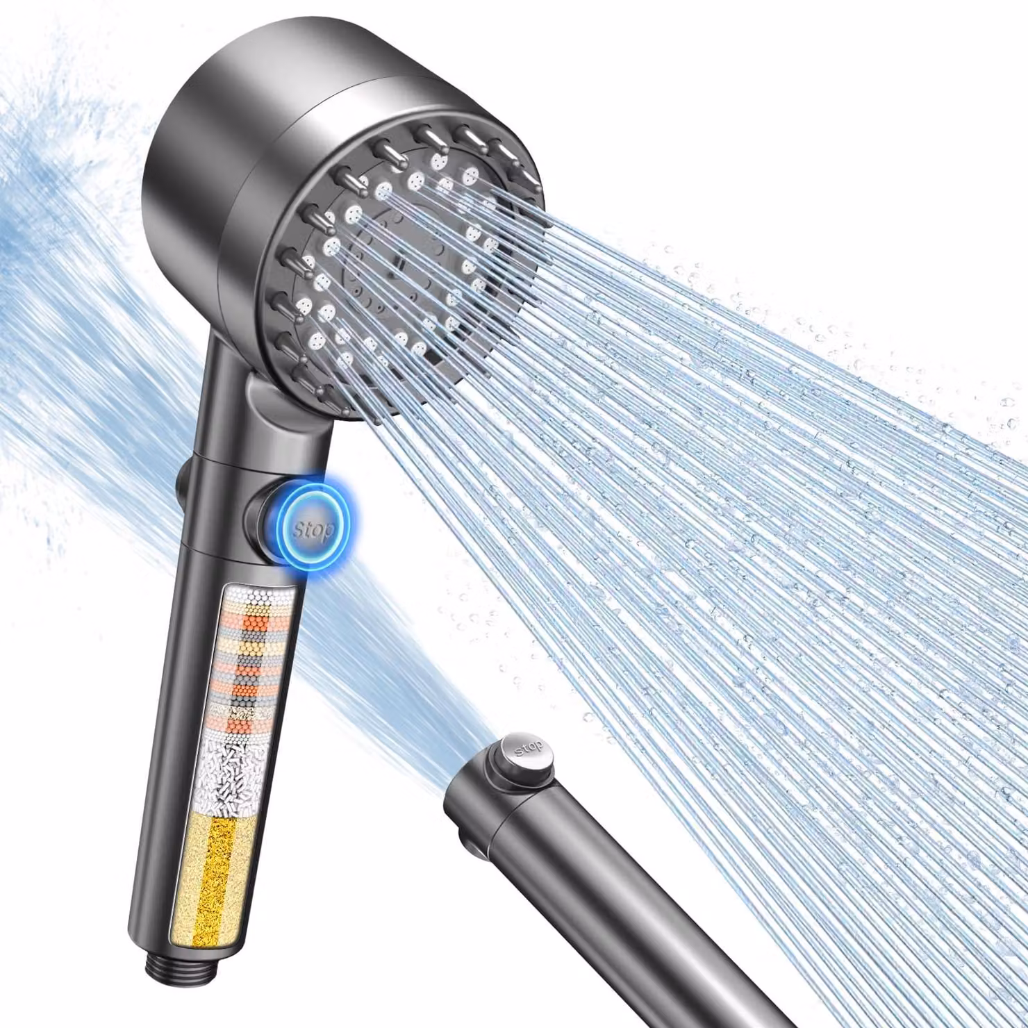 Soffione doccia - Alta pressione - Filtro a 15 strati - 4 getti - Risparmio idrico