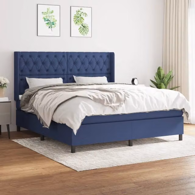 Letto Ibrido vidaXL con Giroletto a Molle e Materasso in Tessuto Blu e Bianco L/P/H: 160 x 200 x 203 cm
