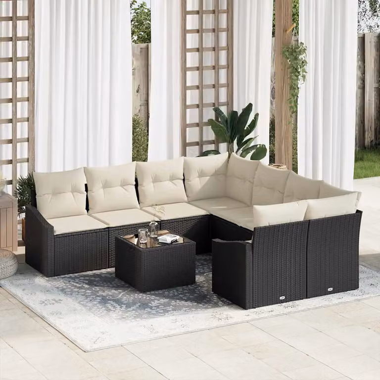 Set di divani da giardino vidaXL in rattan nero e beige con cuscini e tavolino da esterno