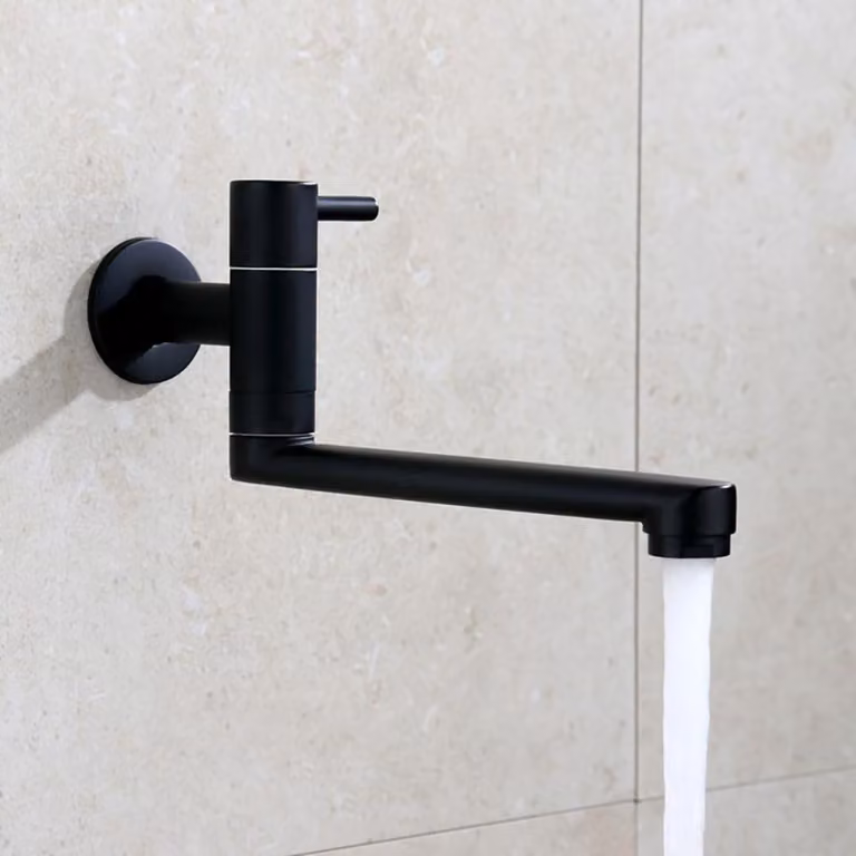 Rubinetto da cucina, montaggio a parete, solo acqua fredda, rotazione a 360°, bocca da 18 cm, acciaio inossidabile, colore nero