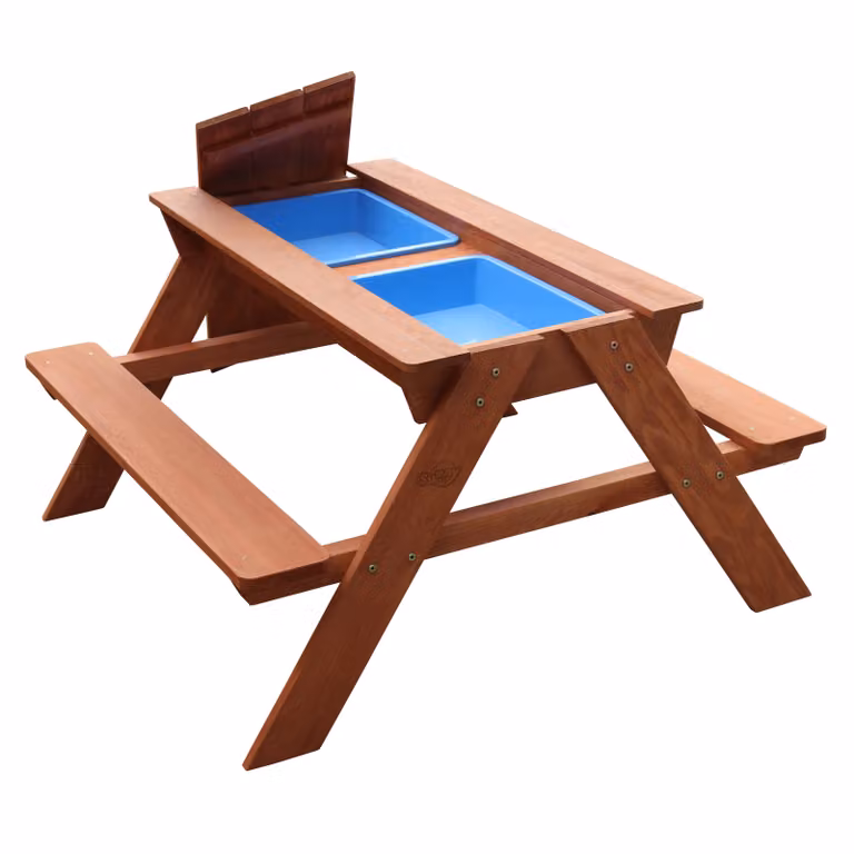 Sunny Dave Tavolo da picnic / Tavolo da sabbia / Tavolo da acqua per bambini in marrone | Tavolo da picnic multifunzionale in legno con 2 contenitori di plastica rimovibili