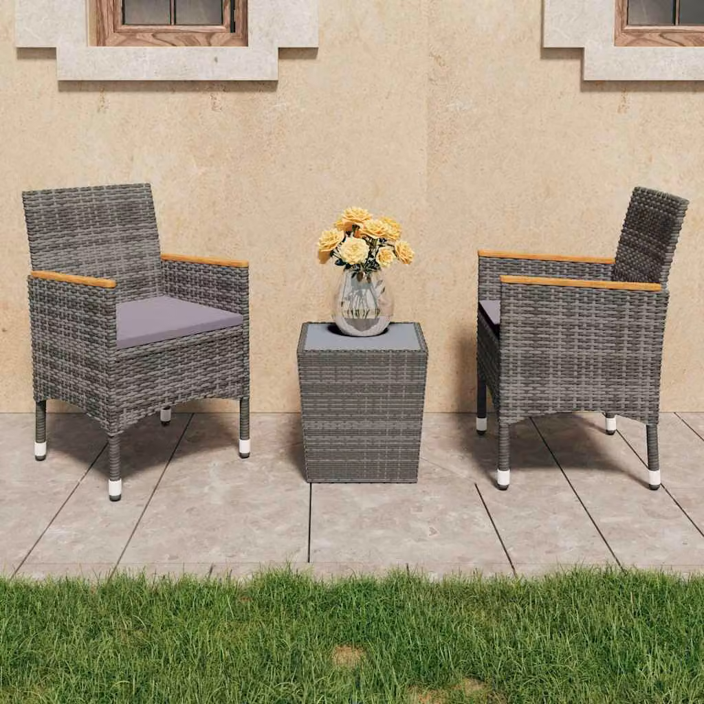 Set Bistrot da Giardino vidaXL in Polyrattan e Legno di Acacia con Vetro Temperato Grigio – 1