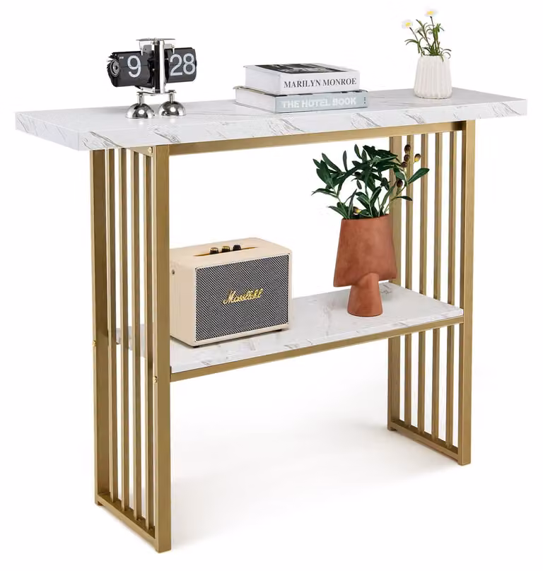 Tavolino consolle stretto, dorato, effetto marmo, 120x29,5x92,5 cm