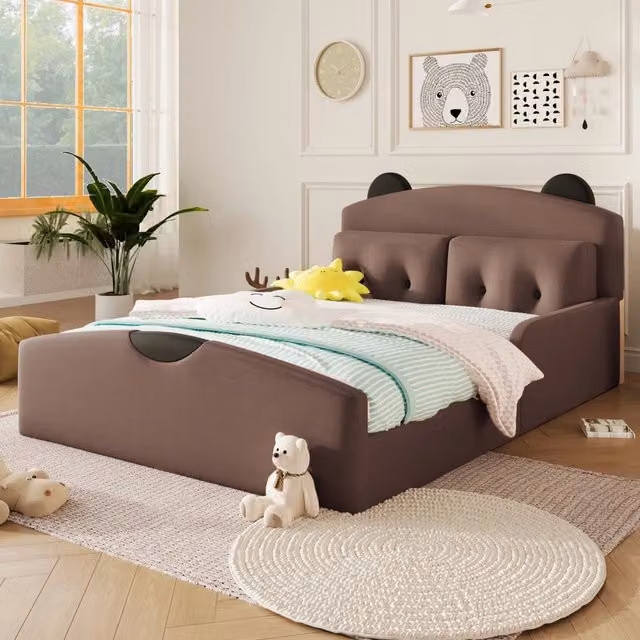 Letto imbottito 140x200 cm con testiera a orso e 2 cuscini in lino caffè
