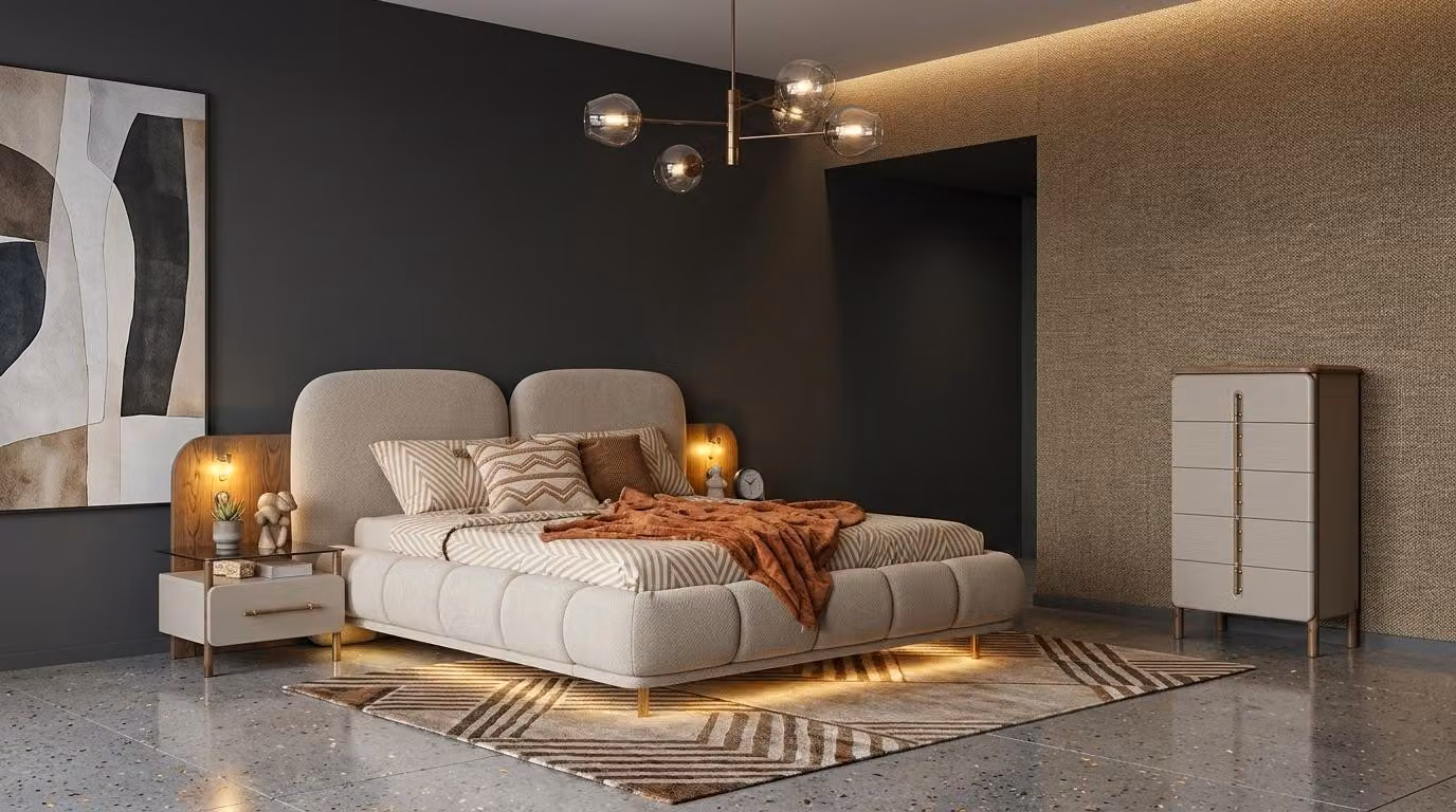 Bett con 2 comodini e cassettiera, stile moderno, colore beige, design pratico