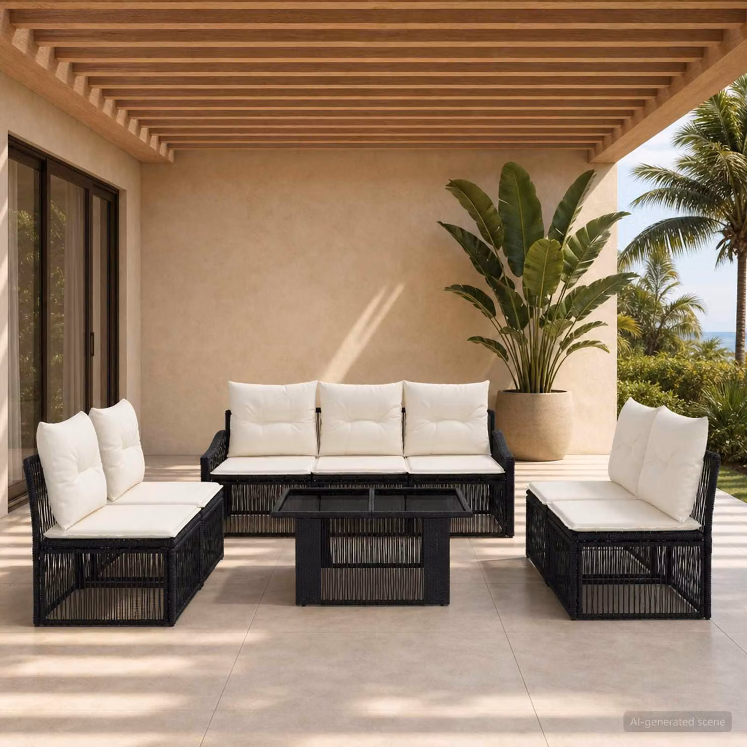 Set Divano da Giardino vidaXL 8 Pezzi Moderno in Polyrattan con Cuscini, Tavolino e Struttura in Acciaio Nero e Bianco Crema