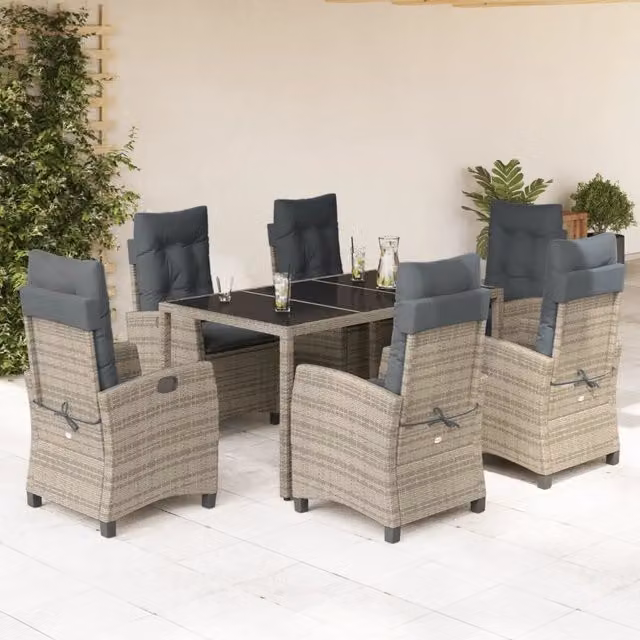 Set da Pranzo da Giardino vidaXL in Polyrattan Grigio con Tavolo in Vetro e 7 Sedute con Cuscini