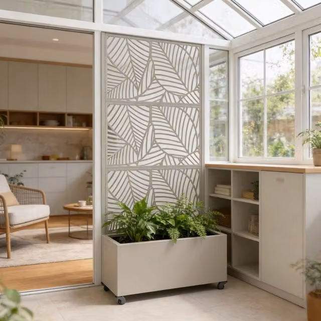 Fioriera con Spalliera e Separè Surnskoki in Acciaio con Portapiante e Rotelle Beige casa.pro L/P/H: 82 x 38 x 190 cm – 1