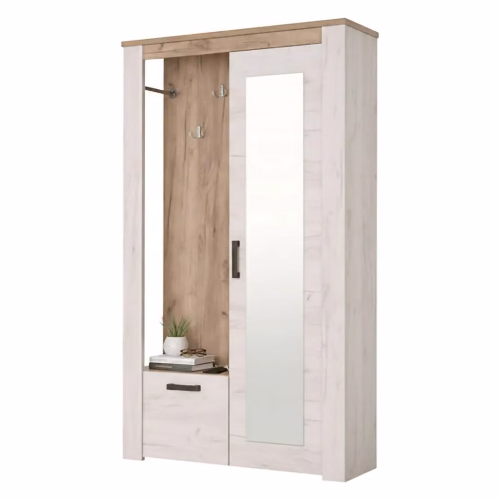 DMORA Mobile da Ingresso Valva con Specchio, Bianco Larice, L: 114 cm, P: 36.5 cm, H: 195 cm – 2