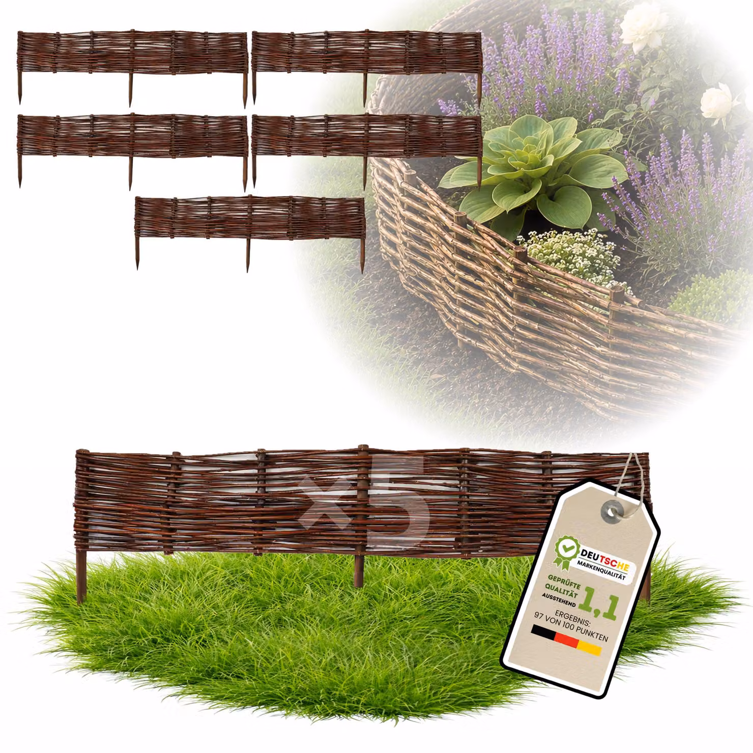 Floranica 5 pezzi Recinzione in vimini 10 cm x 100 cm – Staccionata da giardino intrecciata Palizzata Recinzione naturale Bordo aiuola