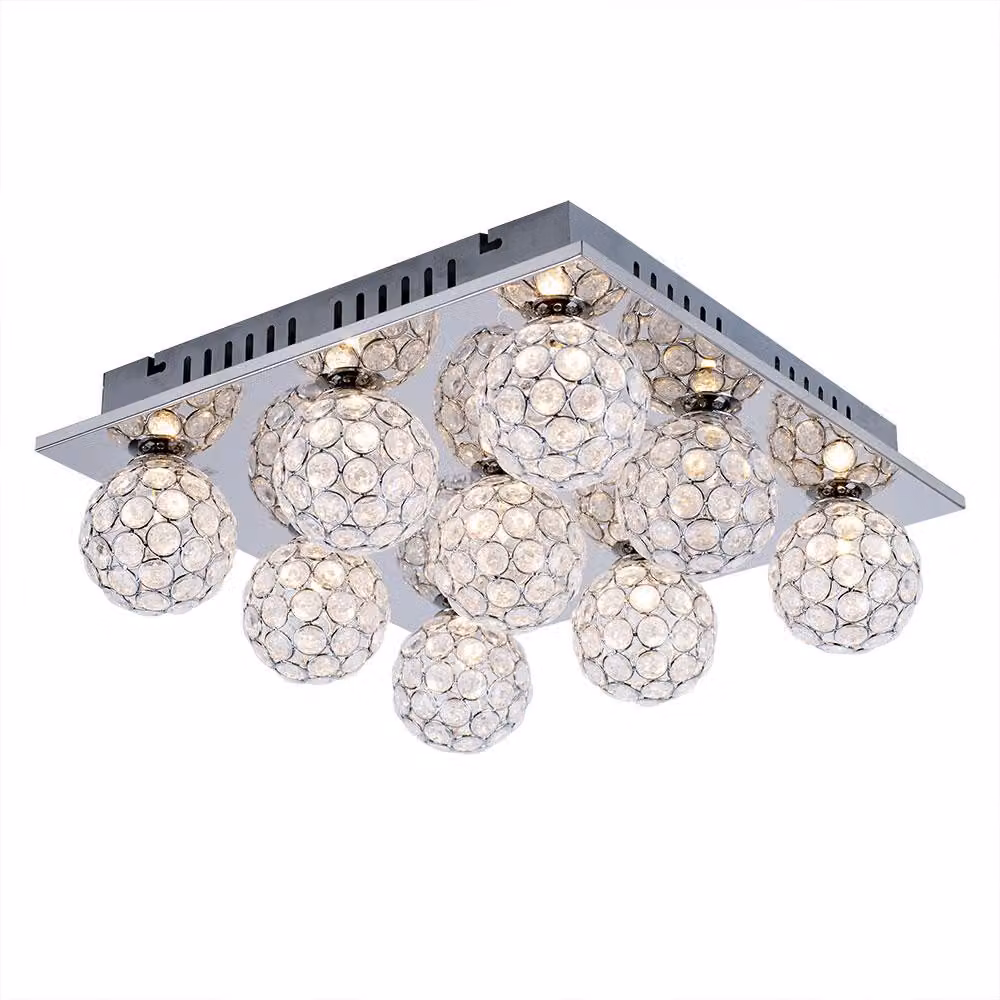 Lampada da soffitto a 9 luci, metallo cromato, 37x37x14 cm