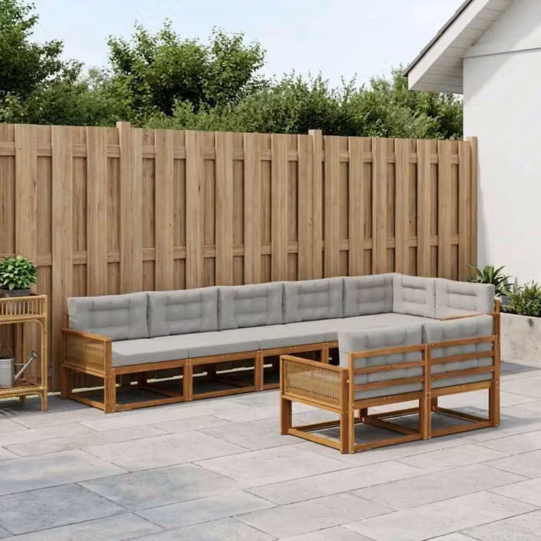 vidaXL Set di divani da esterno a forma di L composto da 8 pezzi in legno di acacia con cuscini, colore beige, grigio e marrone