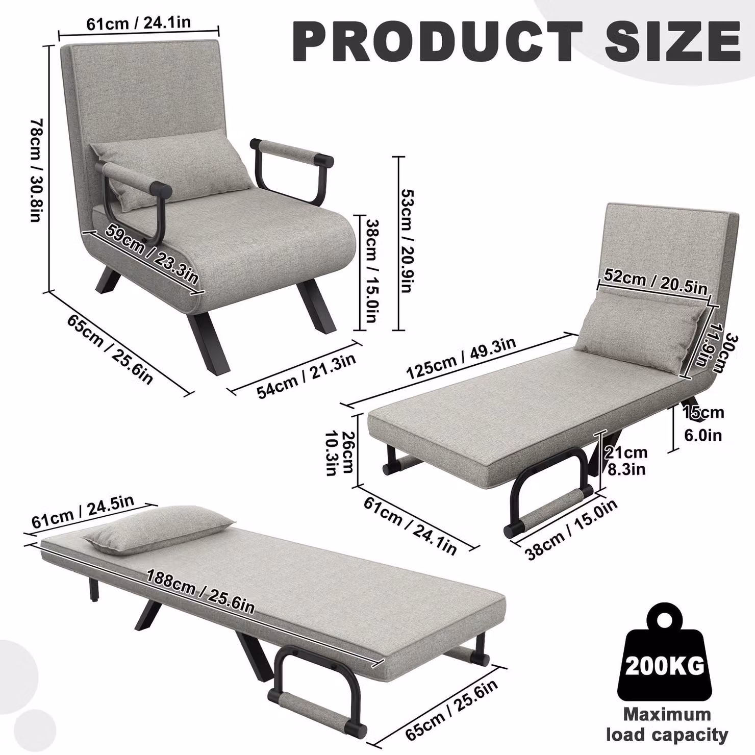 Poltrona 3-in-1 – Poltrona reclinabile – Poltrona relax – Sedia pieghevole – Divano letto – Regolabile – Grigio chiaro