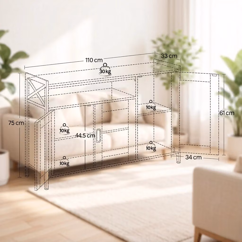 Credenza industriale WISHDOR in legno e metallo con vano aperto e 2 ante, colore marrone, L: 110 cm, H: 75 cm, P: 33 cm – 2