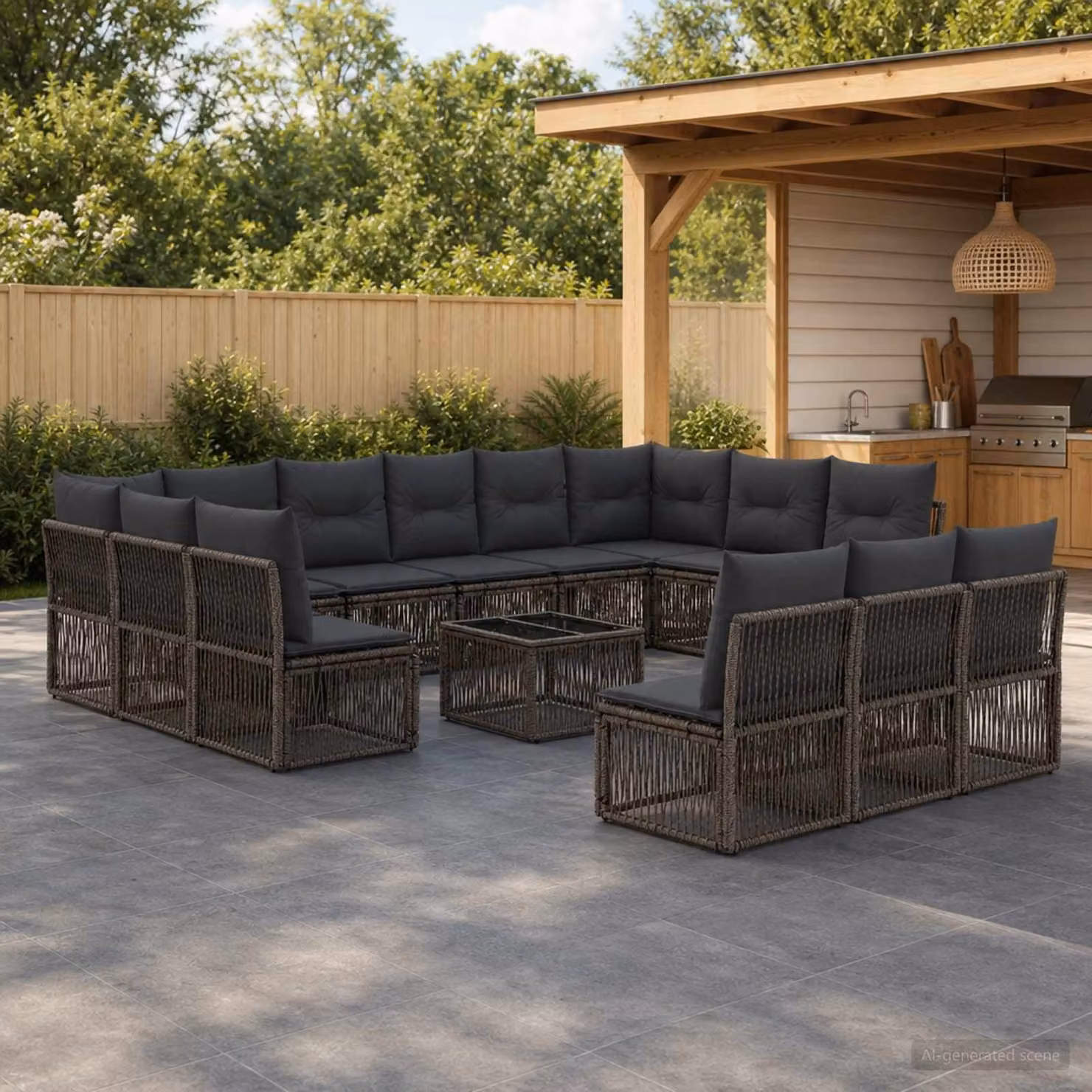 Set Divano da Giardino vidaXL 14 pz a Forma a U Grigio con Cuscini e Tavolino da Caffè in Polyrattan e Metallo