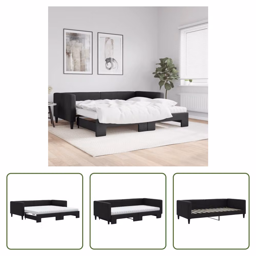 The Living Store Lettino allungabile con materassi nero 100x200 cm in tessuto