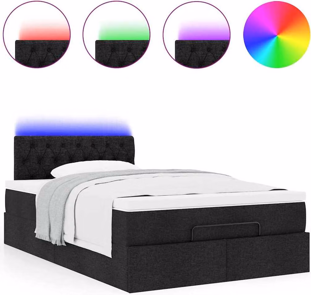 Pouf Letto con Materasso e LED Nero 120x190 cm in Tessuto