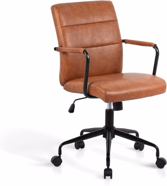 Sedia da studio Hispanohogar regolabile in altezza con braccioli e ruote in similpelle marrone, H 99 x L 64 x P 70 cm