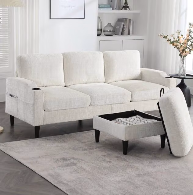 Divano 4 posti beige con pouf contenitore in ciniglia; porta-bicchieri e tasche laterali HOMVRA