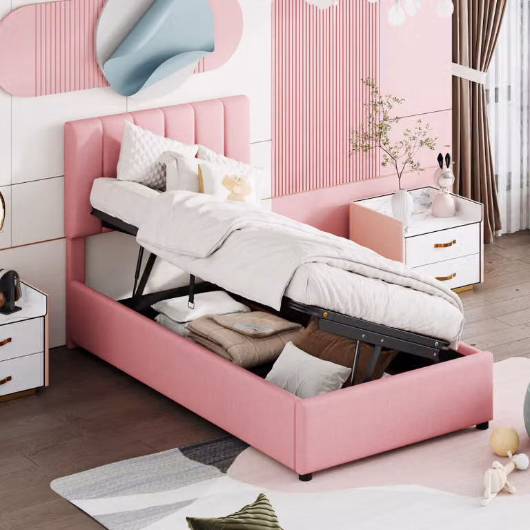 Letto imbottito Flieks 90x200cm con rete a doghe, letto a molle con contenitore, letto idraulico per giovani letto per bambini letto singolo, biancheria, rosa