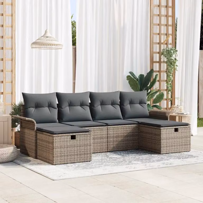 Set Divano da Giardino a L vidaXL in Poly Rattan Grigio e Nero con 6 Cuscini e Ottoman