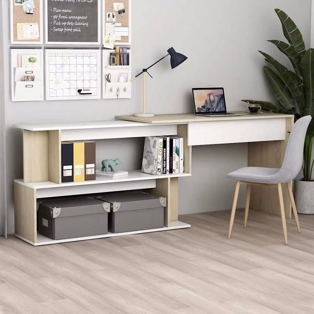 Scrivania ad angolo moderna vidaXL in legno bianco e rovere Sonoma, L: 200 cm, P: 50 cm, H: 76 cm