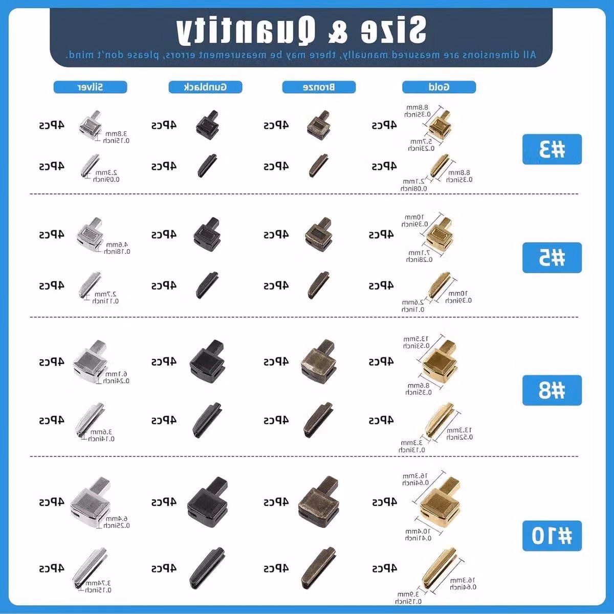 Set di 64 pezzi per la riparazione di elementi metallici, contenente cursori per cerniere, fermi per il fondo e elementi di chiusura, disponibili in 4 colori