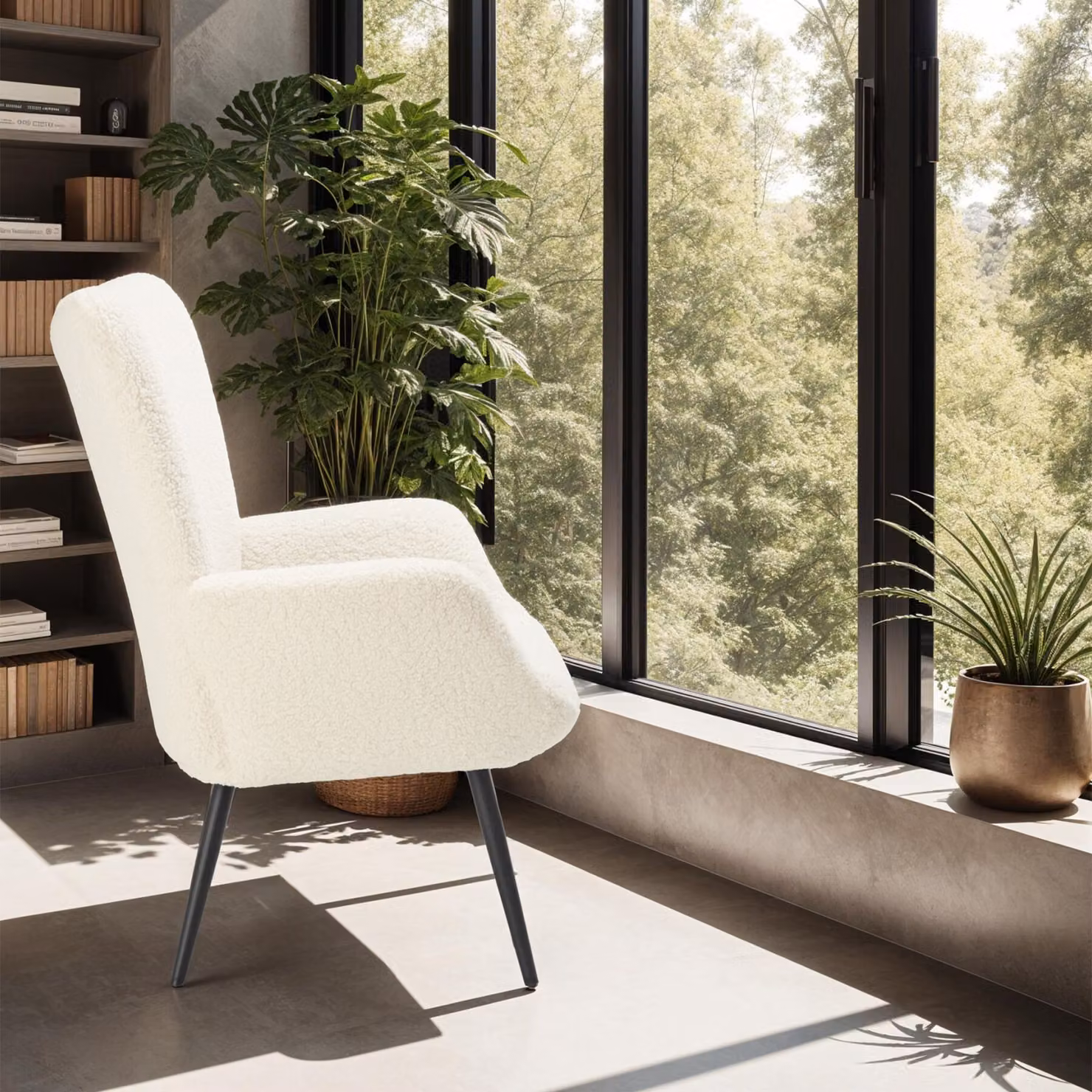 Poltrona scandinava Tectake in bouclé bianco e nero con braccioli per soggiorno L: 100,5 cm, P: 72 cm, H: 76 cm – 2