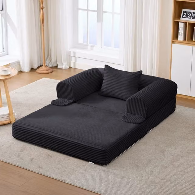 Divano letto 2 in 1 pieghevole REDOM in tessuto corduroy nero con cuscino e struttura imbottita