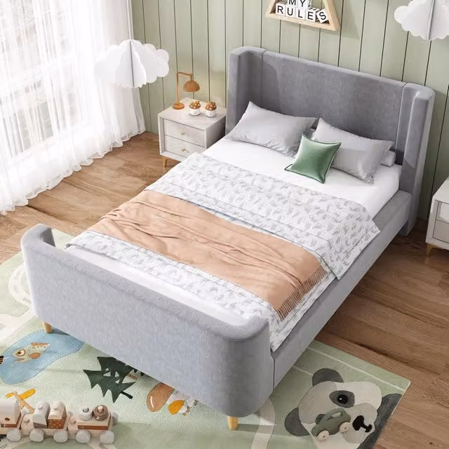 Letto per bambini singolo 90 × 200 cm in velluto grigio con fantasia spaziale, senza materasso, struttura sicura