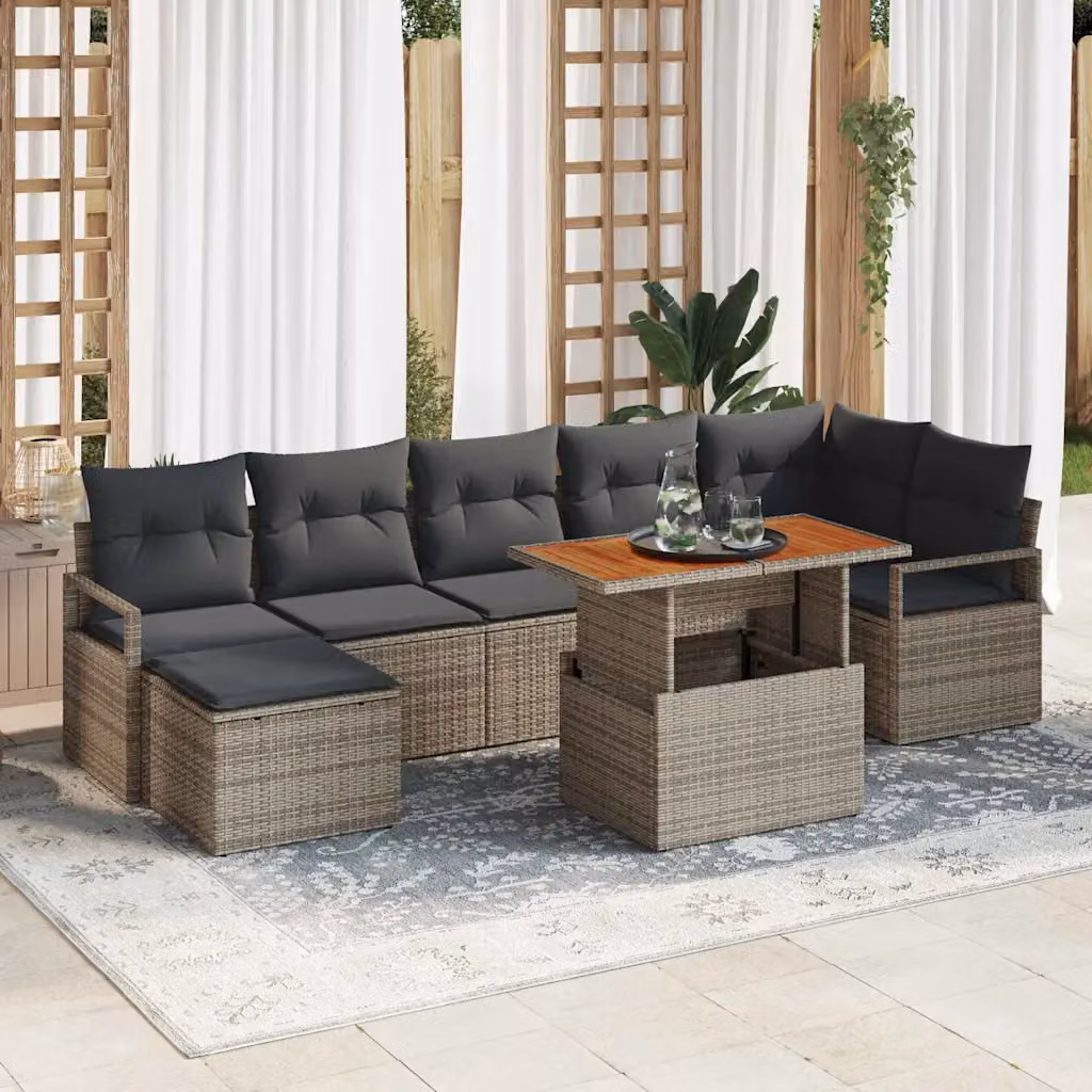 Set da pranzo da giardino vidaXL in rattan e legno di acacia con tavolo rettangolare estendibile, colore grigio e marrone – 1