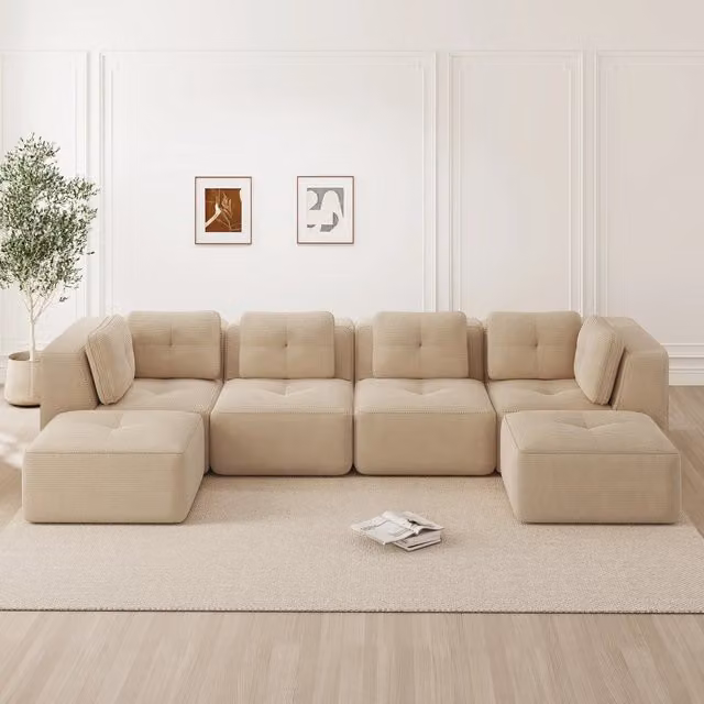 Divano angolare modulare in velluto a coste con base antiscivolo; beige