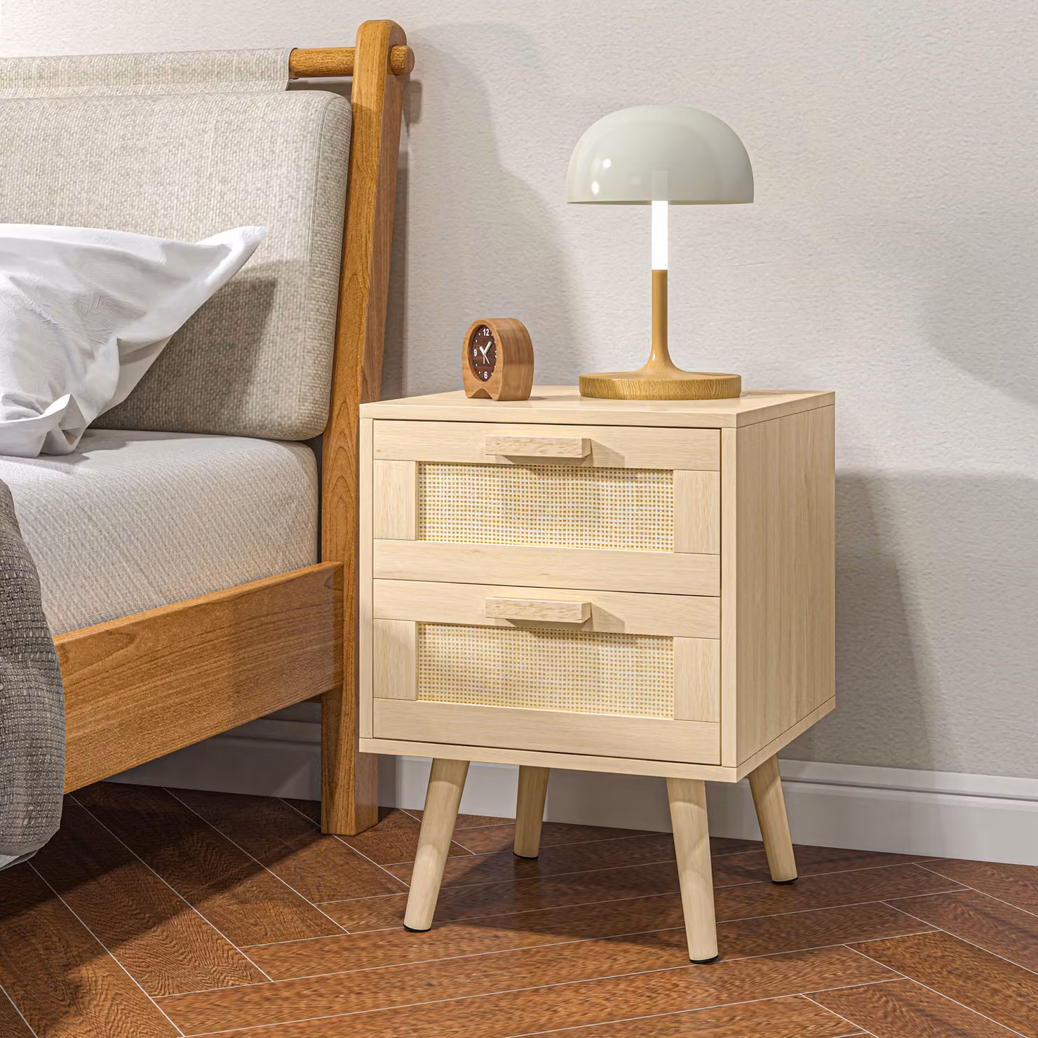 Comodino per camera da letto HOMCOM in stile Boho con 2 cassetti in legno e rattan, Colore Beige e Marrone, L 40 cm x P 40 cm x H 56 cm – 2