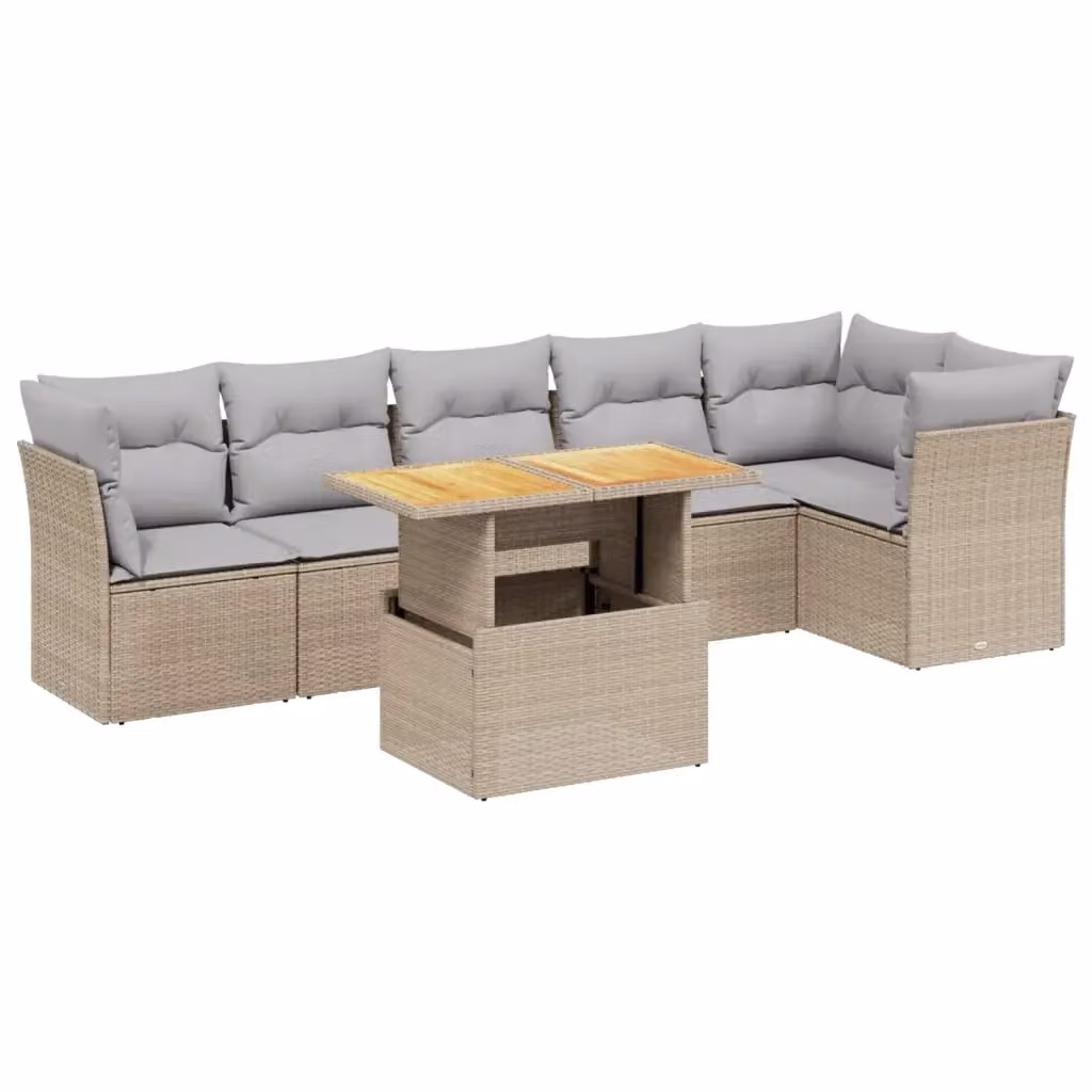 Set Divani da Giardino vidaXL 7 pz a Forma a L con Cuscini Beige e Grigio in Polyrattan e Legno di Acacia – 2
