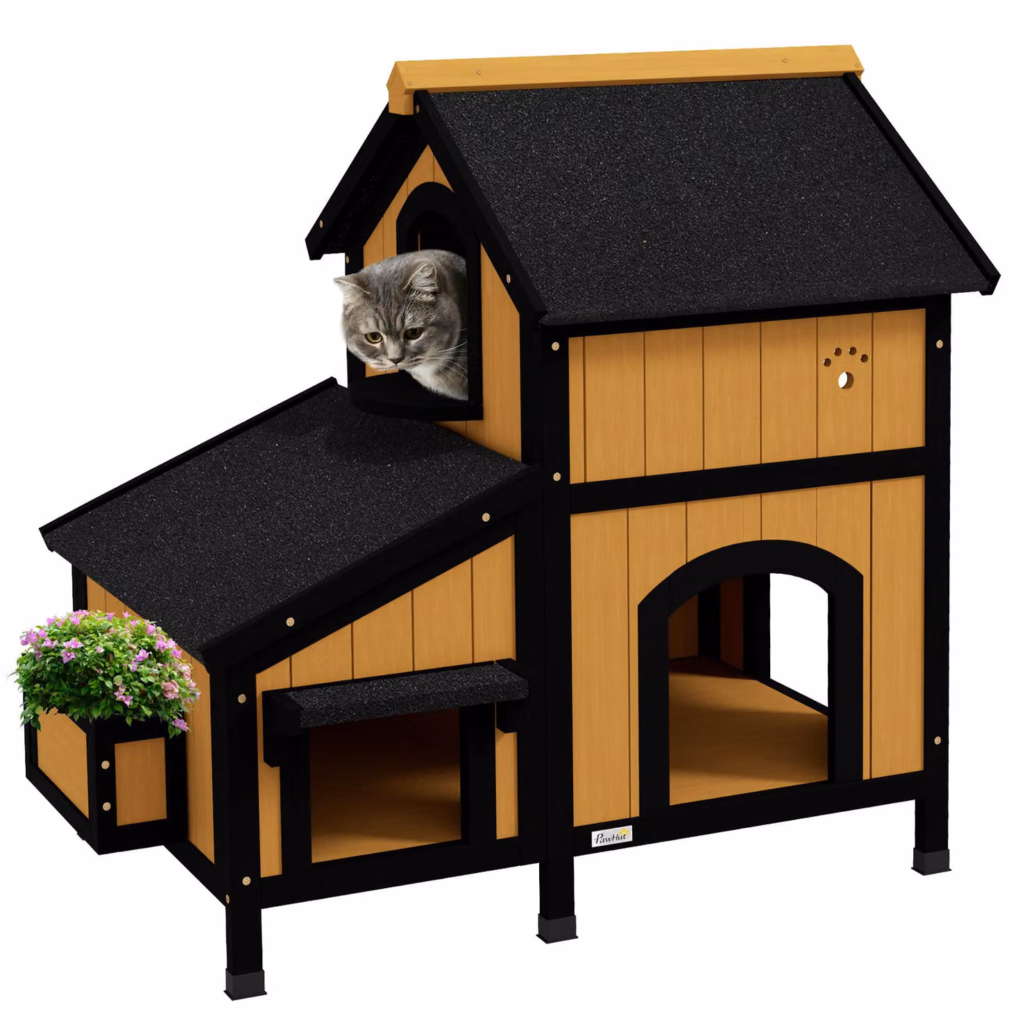 Casetta per gatti Moonbite da esterno, dimensioni 96x65x85,5 cm, rifugio per gatti resistente alle intemperie con tetto in asfalto, 2 piani e fioriera, adatta a gatti fino a 7 kg, realizzata in legno, colore giallo