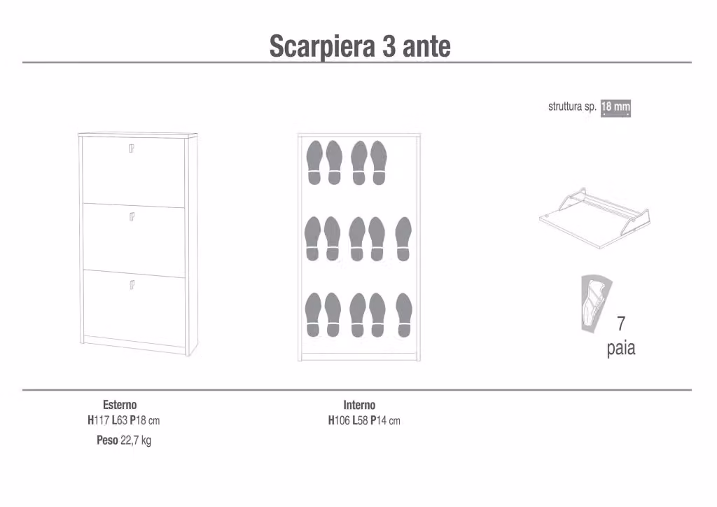 Scarpiera moderna GIORDANOSHOP con 3 ante e ripiani interni, colore grigio, L: 63 cm, H: 117 cm, P: 18 cm – 2