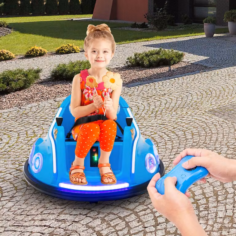 Costway Autoscontro elettrico per bambini 12V con telecomando, rotazione a 360°, luci e musica, Azzurro