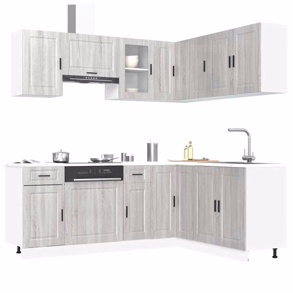 Set di mobili da cucina moderno vidaXL composto da 11 pezzi in colore grigio con finitura opaca e dettagli in legno e vetro