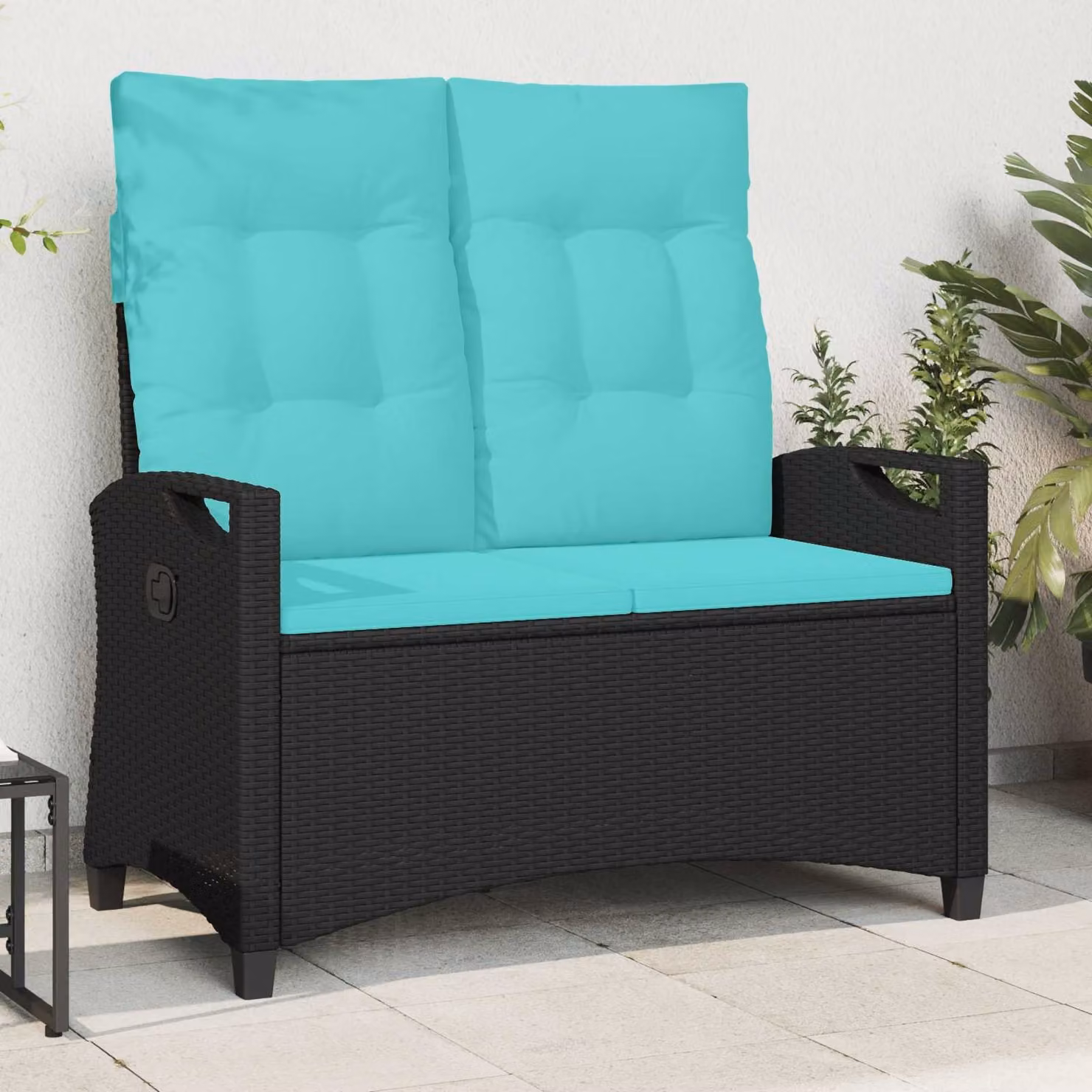 Panchina da giardino moderna vidaXL in metallo e rattan con cuscini color turchese, L: 105 cm, P: 60 cm, H: 112 cm